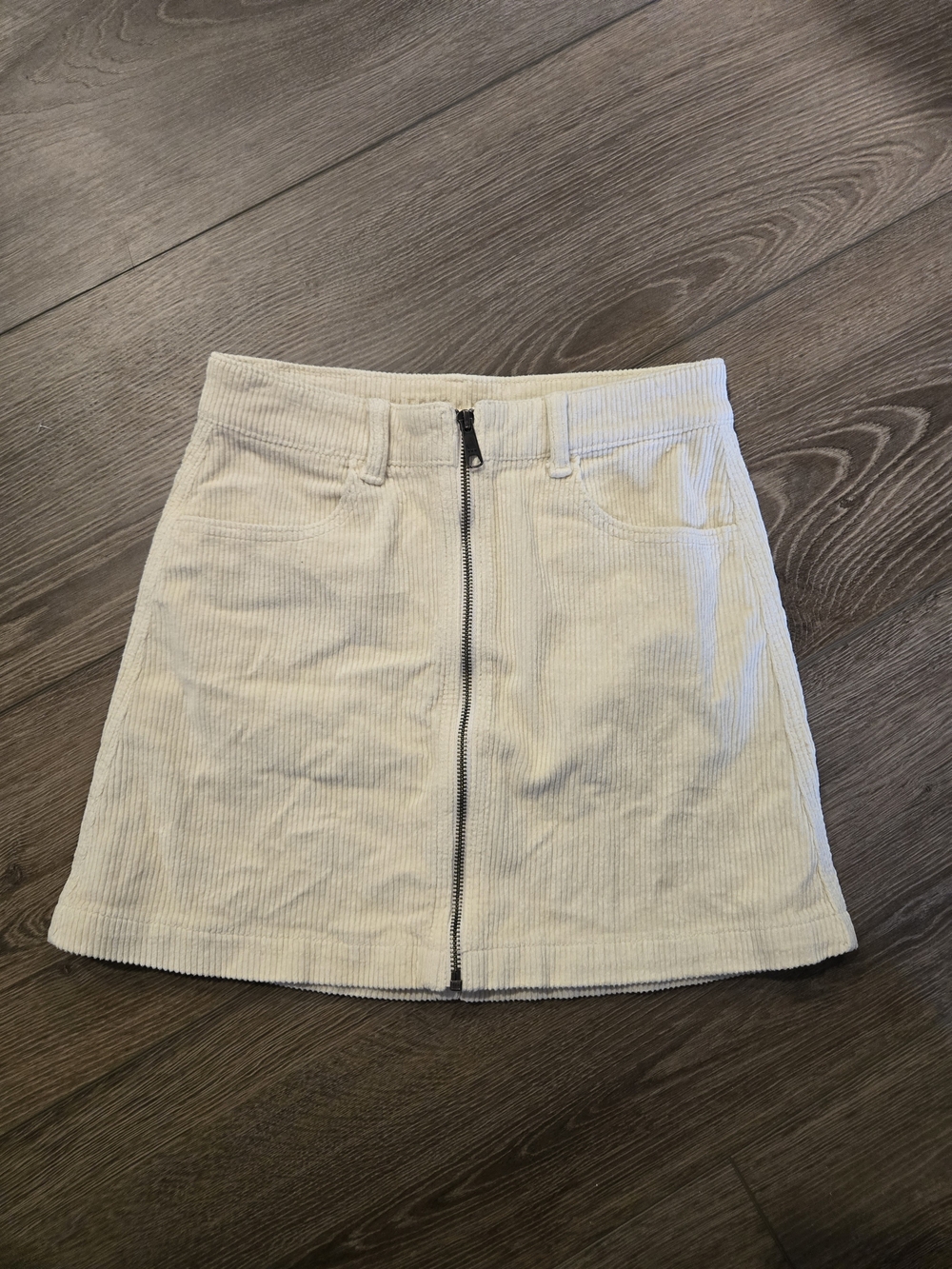 American Eagle Outfitters Cream Corduroy Front-Zip Mini Skirt